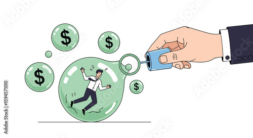 Businessman trapped inside a financial bubble with money floating around as a hand pops the bubble