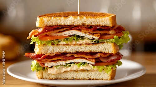 Layered Club Sandwich with Bacon, Lettuce, Tomato, and Chicken