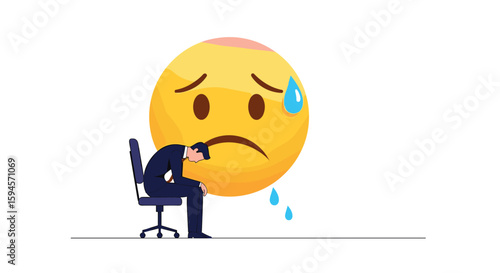 Man feeling overwhelmed and stressed sitting under a giant sad emoji illustration