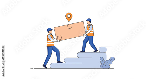 Two workers are carrying a large box up stairs with a location pin above indicating destination