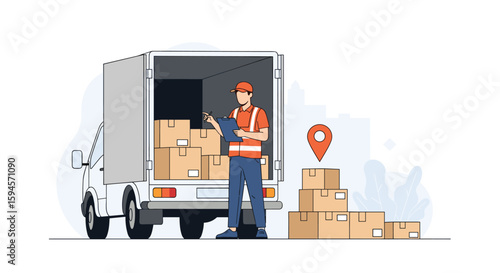Delivery driver loading packages into a truck with a tracking marker and stacked boxes nearby