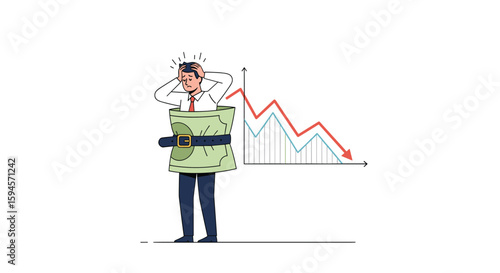 Man overwhelmed by financial stress with a downward trending graph illustrating economic decline and personal worry about money