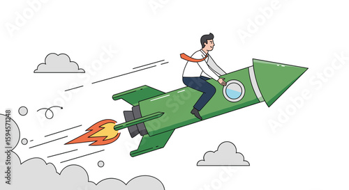 Agile startup entrepreneur riding a green rocket ship accelerating through clouds towards success and innovation