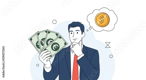 Man holding money and thinking about investment opportunities for financial growth and wealth creation