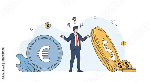 Confused businessman standing between euro and dollar coins pondering financial decisions and economic uncertainty