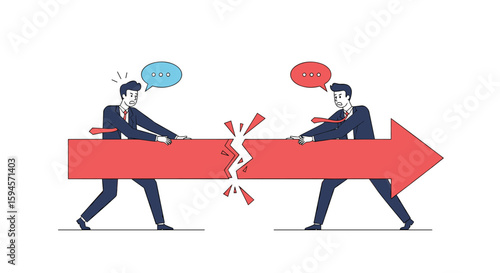 Two businessmen are pulling a broken arrow in opposite directions creating conflict and disagreement in business strategy discussions