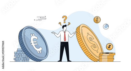Businessman considering financial decisions with large coins symbolizing investment choices and uncertainty