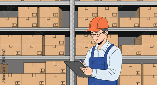 Warehouse worker in hard hat and overalls checking inventory on a tablet among many cardboard boxes on shelves