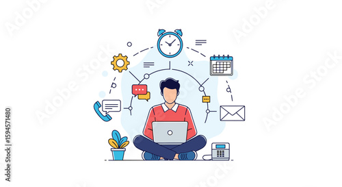 Illustration of a man managing multiple tasks and deadlines efficiently with digital tools and services