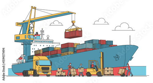 Container ship loading and unloading operations with cranes trucks and forklifts at the port