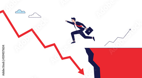 Businessman running towards a steep cliff edge with a falling downward trend graph indicating economic downturn and financial crisis