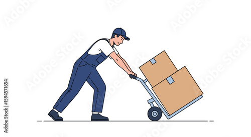 Delivery worker pushing a hand truck loaded with several cardboard boxes for shipping and logistics services