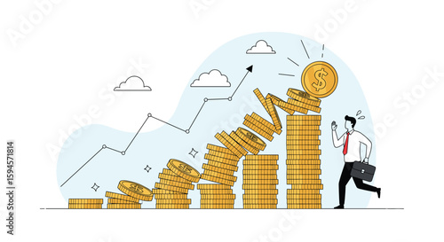 Business growth and financial decline a businessman navigates a tumbling stack of gold coins towards a crumbling chart