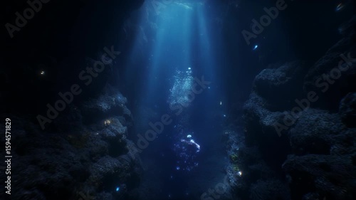 Underwater cinematic footage slowly descending into a pitch-black deep sea trench
