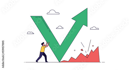 Illustrating the concept of market recovery and economic rebound with a visual representation of a v-shaped graph and a determined individual