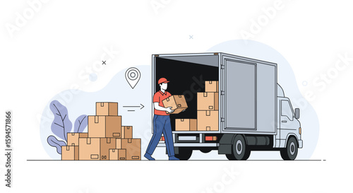 Efficient logistics and delivery services moving parcels to truck for transportation and shipping business operations
