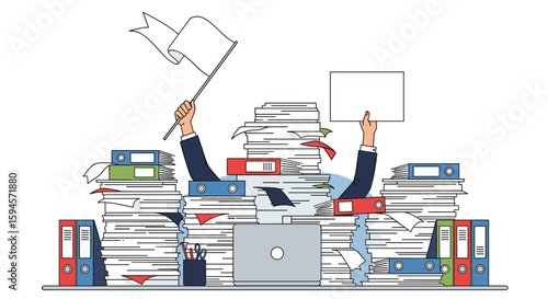 Overwhelmed business professional surrendering amidst mountains of paperwork and disorganized files on desk