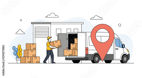Logistics and delivery service professional loading boxes into a white truck with location pin and boxes stacked nearby