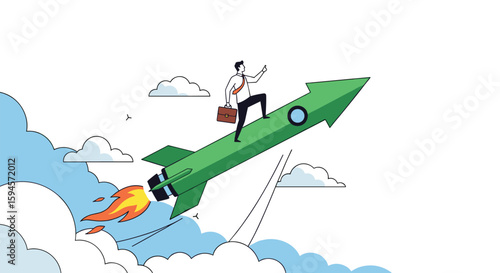 Ambitious businessman riding a green rocket ship ascending swiftly towards the bright sky through puffy white clouds and dramatic smoke