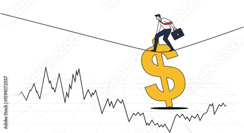 Businessman walking a tightrope balancing over a large golden dollar sign with a stock market graph below illustrating financial risk and market volatility