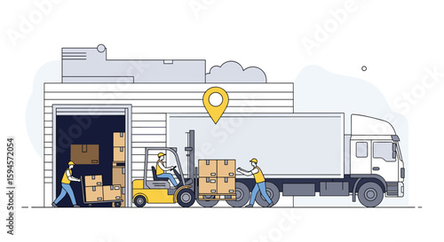 Efficient warehouse operations involve loading and unloading goods with forklifts and manual labor optimizing supply chain logistics for distribution