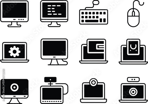Collection of computer and technology icons in a hand drawn style