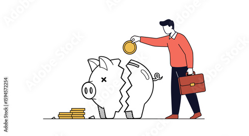 Man investing coin into broken piggy bank with money and briefcase symbolizing financial loss or bankruptcy