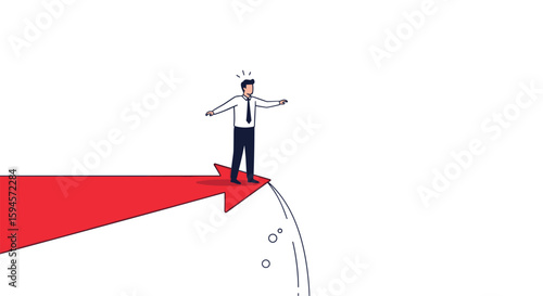 Businessman balancing precariously on the edge of a red upward trending arrow symbolizing risk and opportunity