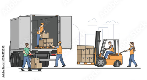 Team members efficiently unload boxes from a delivery truck using a forklift and hand trucks during a busy logistics operation