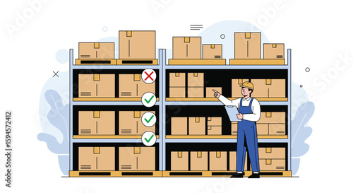 Warehouse inventory management and stock control process with checklist and warehouse worker performing inspection