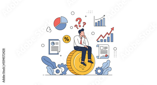 A man sits pondering on a giant coin surrounded by financial charts and question marks