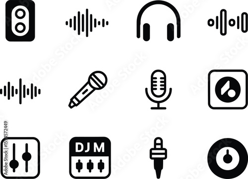 Collection of music and audio icons in black and white