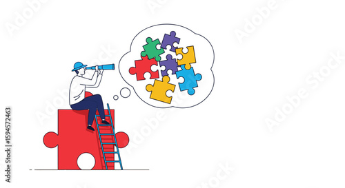 Visionary strategist observes complex problem with diverse interconnected puzzle pieces for strategic planning and solution finding