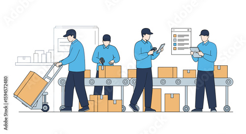 Warehouse staff working together on a conveyor belt with boxes and scanners for efficient order fulfillment and shipping operations