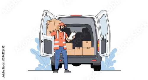 Delivery person carrying a package into an open back van with several boxes inside ready for distribution