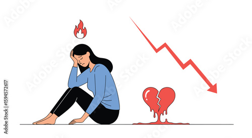 Woman experiencing emotional distress with broken heart symbol and decreasing trend arrow illustrating negative life events