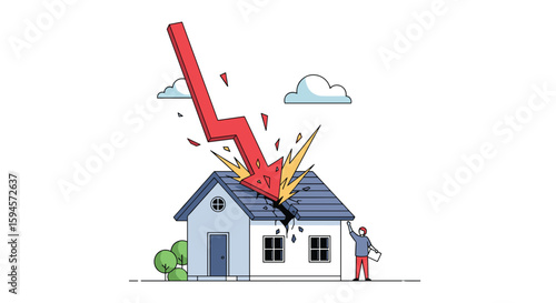 Financial crisis symbolizing economic downturn impacting homeownership and real estate market with person observing downward trend illustration