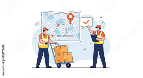 Efficient logistics team coordinating package delivery with a map and checklist for successful operations