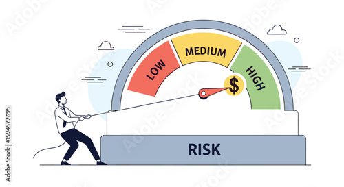 Understanding and managing financial risk levels through a gauge indicator with a person pulling the lever