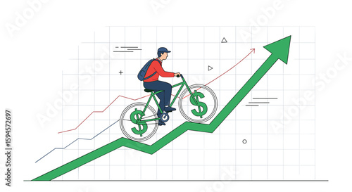 Illustrating financial growth and success by pedaling a bicycle up an upward trending arrow graph representing investment gains and economic improvement