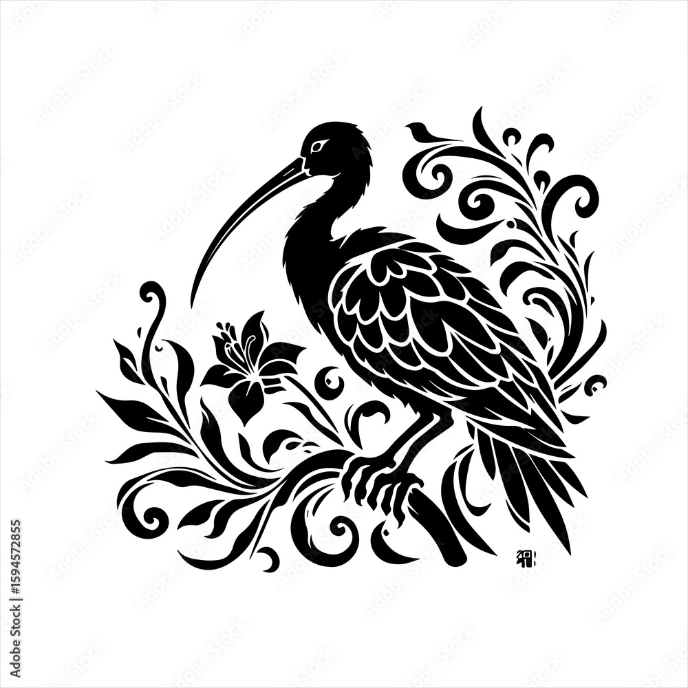 Fototapeta premium Ibis bird with floral design