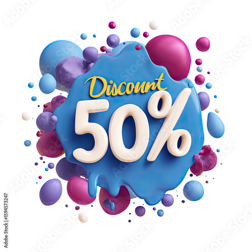50% discount sale graphic with vibrant, 3D blobs