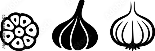 Black and white garlic illustrations bulb cloves