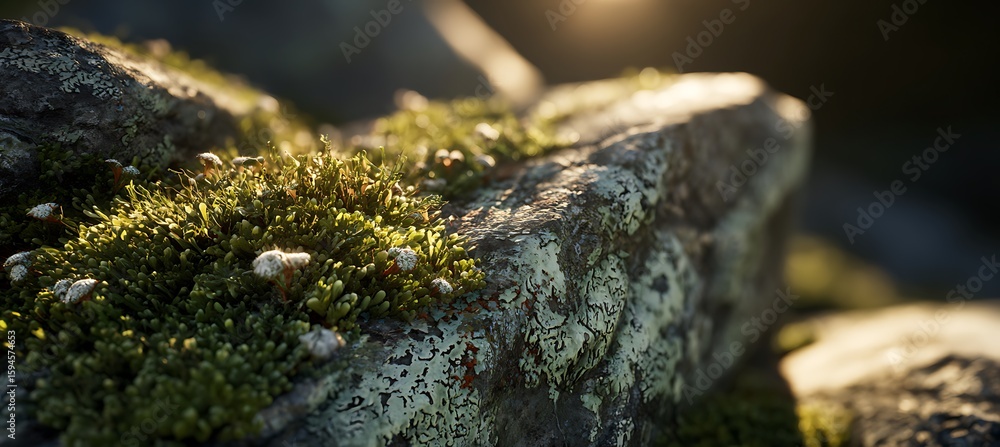 Obraz premium A lichen-covered rock under sunlight