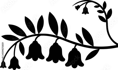 Black silhouette of bell shaped flowers on a branch with leaves floral