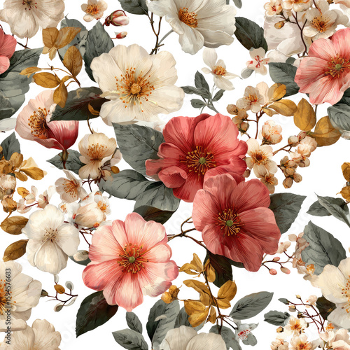 Floral print with  muted tones, various blossoms