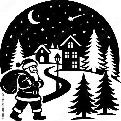 Black and white vector illustration of Santa Claus walking through a quiet night city with a sack of gifts, festive Christmas scene with urban buildings and winter atmosphere