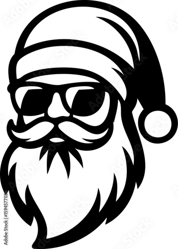 Black and white outline vector of Christmas Santa Claus head wearing glasses, minimal silhouette design with festive expression, ideal for Christmas crafts, cards, and holiday SVG projects