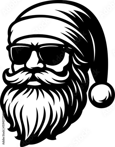 Black and white vector illustration of Santa Claus head wearing sunglasses, with a detailed beard and hat, perfect for trendy Christmas designs and modern holiday decor.