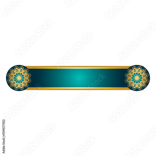 Islamic Ramadan golden frame. Arabic design with Turkish ornament and blue background. Arabesque ribbon sticker for tag banner and sale flyer